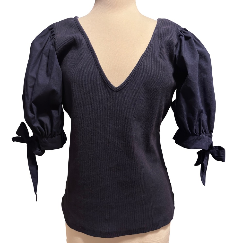 Maeve Anthropologie Top Women Large Navy Excellent Puff‎ Sleeve V-Neck Tie Cuff